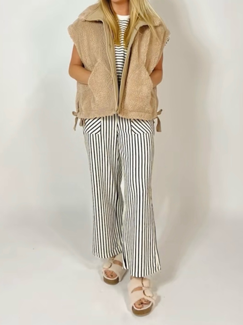Veveret, Striped Cream & Black Wide-Leg Knit Pants & Top Set